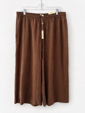 NWT Max Studio London Linen Blend Cropped Wide Leg Trousers Brown Pants XL